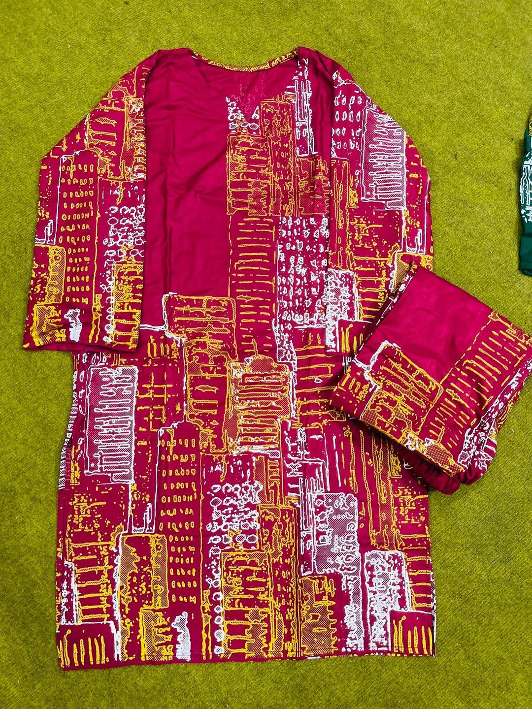 2pcs women's stitched linen block printed shirt and trousers