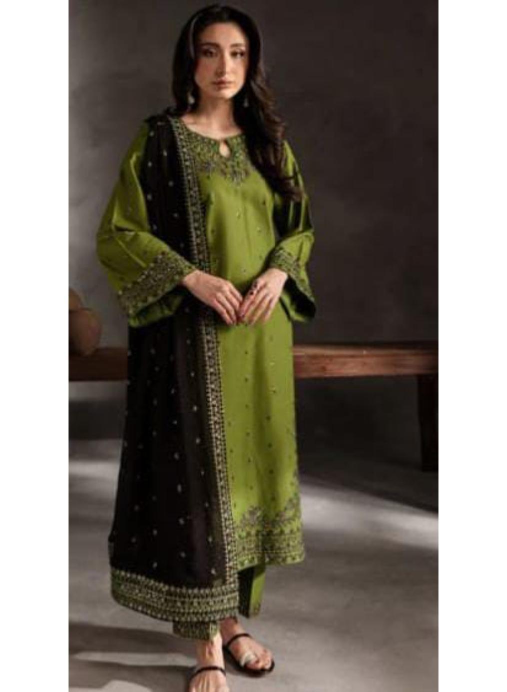 Women's stitched Embroidered linen suit 3 pcs in green