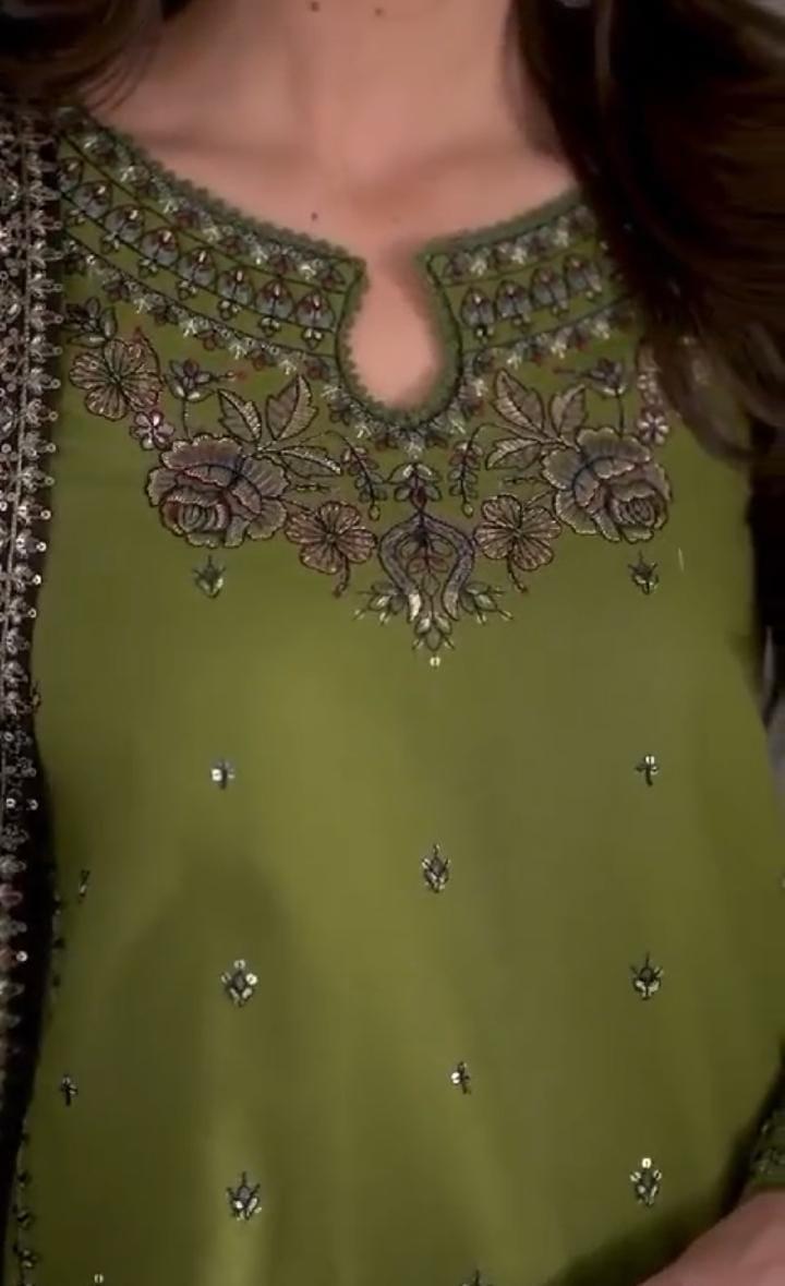 Women's stitched Embroidered linen suit 3 pcs in green