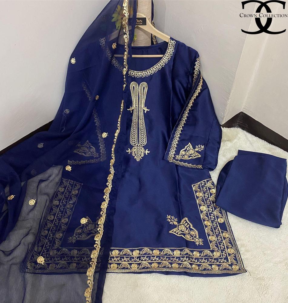 3pcs women's stitched shamoz  silk embroidered shirt and trousers