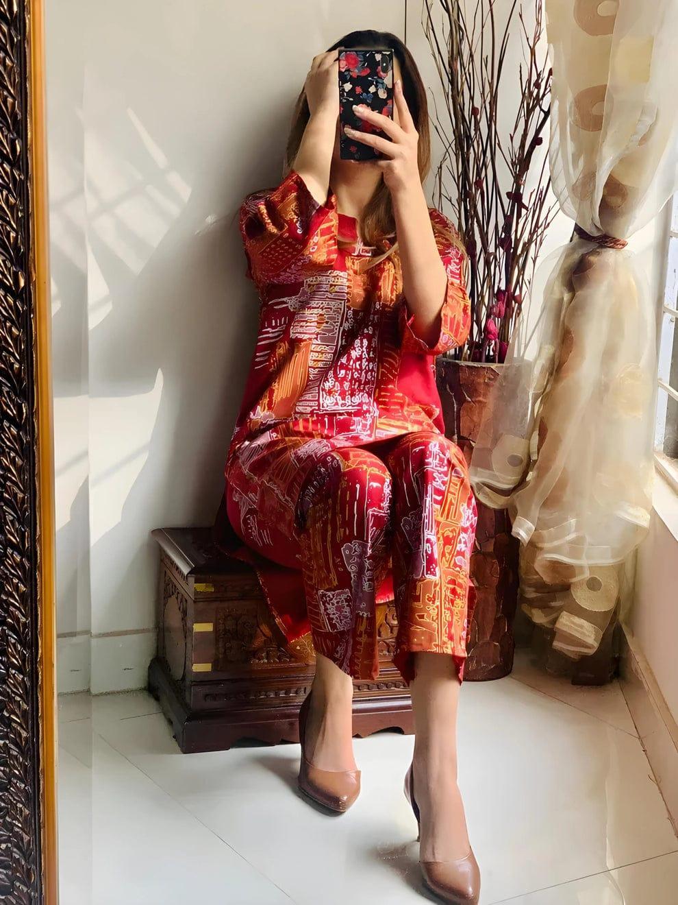 2pcs women's stitched linen block printed shirt and trousers