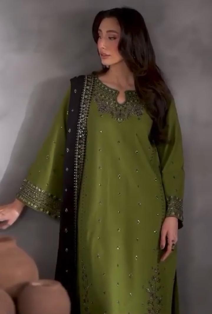 Women's stitched Embroidered linen suit 3 pcs in green