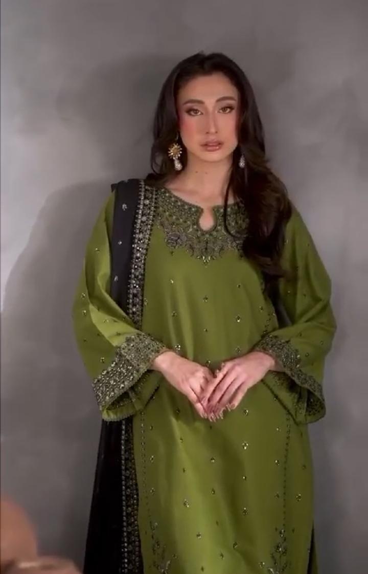 Women's stitched Embroidered linen suit 3 pcs in green